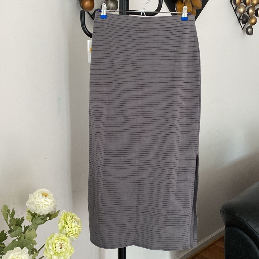 Women's Life is Good Gray Long Skirt Black Stripes Full Length Side Slit-S